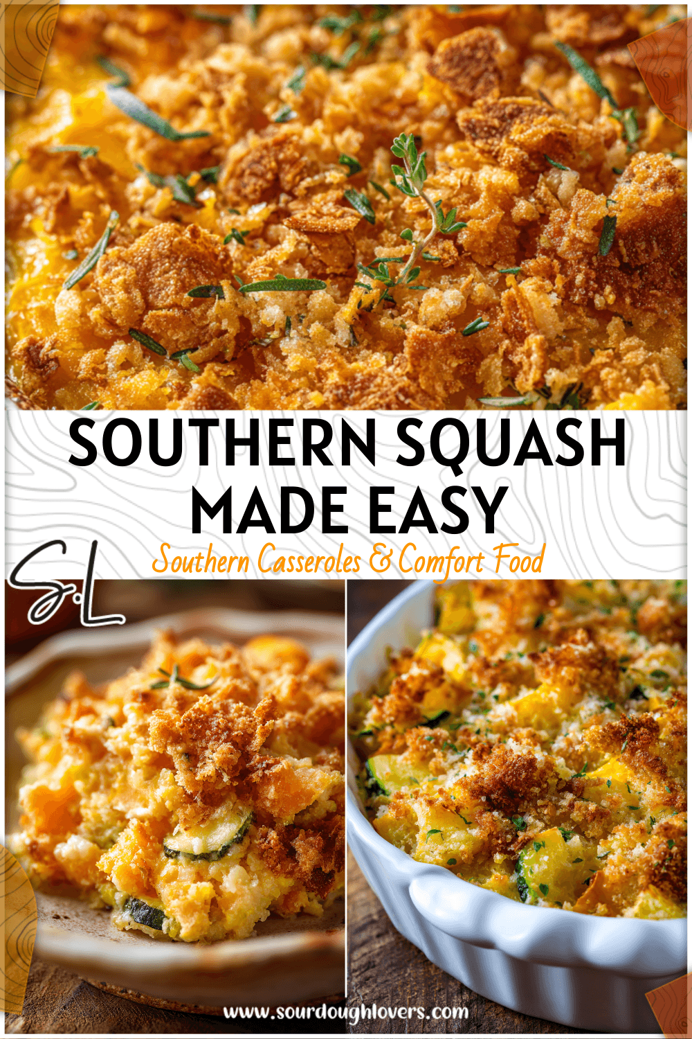 Golden baked southern squash casserole topped with crispy breadcrumbs in a rustic dish. 2